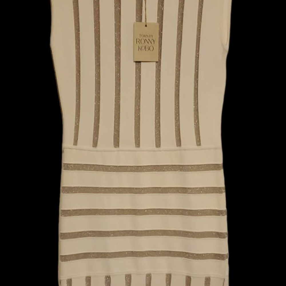 Torn by Ronny Kobo Beth Ivory Cream Sleeveless Gold Metallic-Stripe Dress